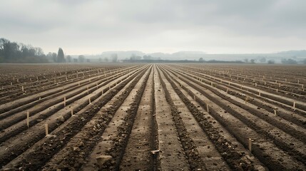 Obraz premium Barren Farmland Prepared For Sowing, With Wooden Pegs Marking Row Positions Across The Field. Soil Is Dark, Slightly Moist, And Finely Leveled. Sky Is Lightly Overcast With Sof