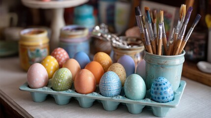 Beautiful photo of pastel Easter Eggs Decorating Station with Paintbrushes.