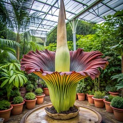 A massive and rare amorphophallus titanum also known as the corpse flower displays its unique spadix and spathe in a botanical