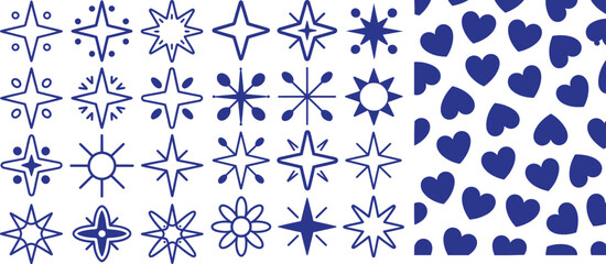 Collection of blue star and heart illustrations on white background for design elements and patterns