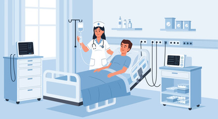 Illustration depicting a nurse attending to a patient in a hospital room with medical equipment
