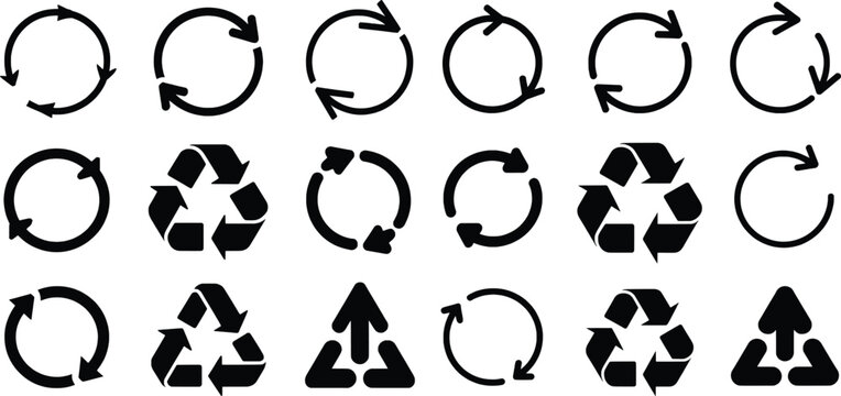Collection of black recycle symbols and circular arrows illustrating reuse and sustainability concepts