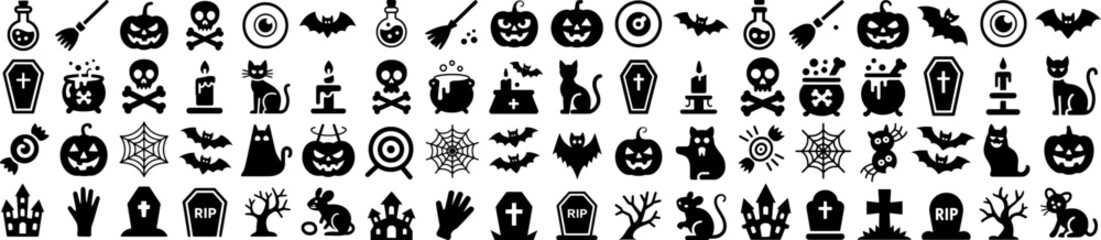 Obraz premium Collection of halloween icons in black and white vector style for festive design projects