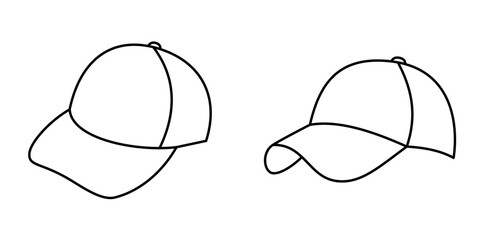 Baseball Cap Outline Set – Vector Hat Illustrations. Collection of four black and white outline illustrations of baseball caps in different angles.