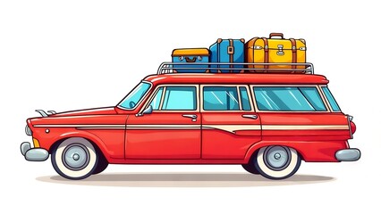Vintage red station wagon with luggage on the roof rack for a family road trip.