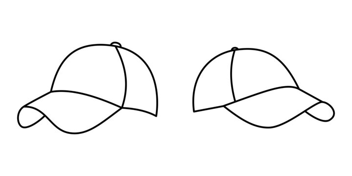 Baseball Cap Outline Set – Vector Hat Illustrations. Collection of four black and white outline illustrations of baseball caps in different angles.