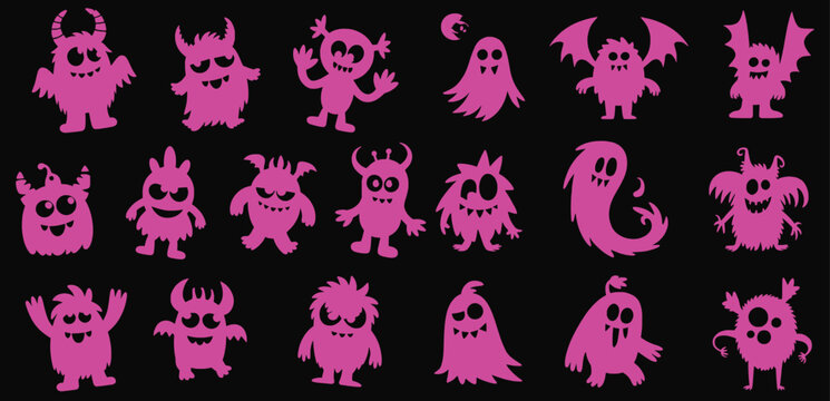 Collection of pink cartoon monsters and ghosts silhouetted on a dark black background for halloween.