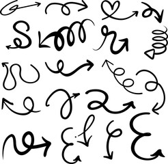 Decorative Doodle Arrow Set – Hand Drawn Loopy and Spiral Arrows Collection on White Background

