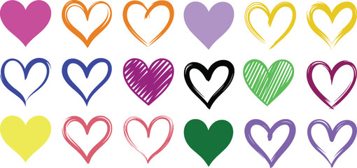 Colorful collection of various heart shapes in different styles and a vibrant palette for design purposes.