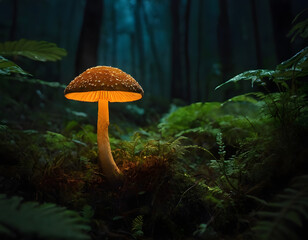 mushroom in the jungle, glowing mushroom in the night background, mushroom in the forest