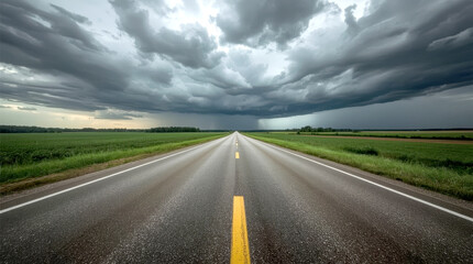 Fototapeta premium the road to storm. low-perspective shot of a long, straight asphalt road stretching into the distance under a dramatic, dark, and cloudy sky, suggesting an impending storm.