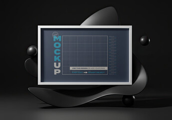 White Horizontal Frame Poster Image Mockup Floating with Black Sculpture Art