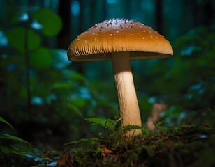 mushroom in the jungle, glowing mushroom in the night background, mushroom in the forest