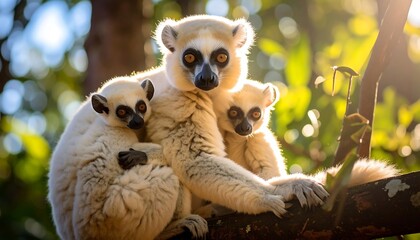 Fototapeta premium Three lemur family members in a forest
