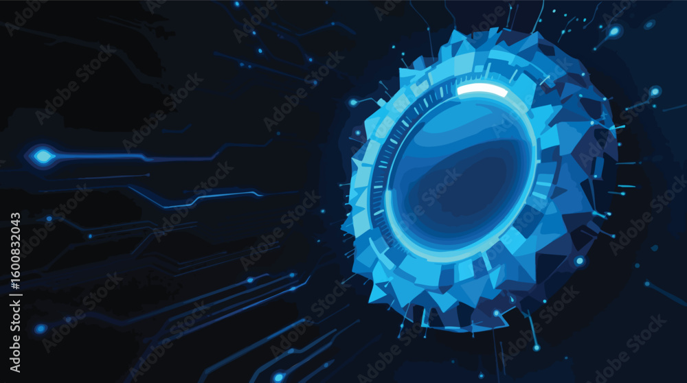 Poster abstract digital concept of a futuristic interface with circuit board elements in blue.