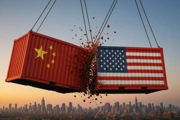 Two shipping containers, one with the US flag and the other Chinese, collide violently above a city skyline, symbolizing economic conflict, trade wars, and global tensions between nations.