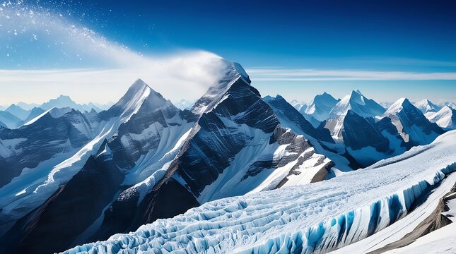 A high-altitude Himalayan mountain range under a brilliant, cloudless blue sky with a subtle gradient of cerulean to azure towards the horizon, sharp, rugged rocky peaks rising dramatically. - Powered by Adobe