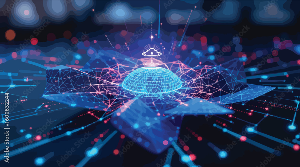 Poster abstract digital illustration depicting cloud computing and network technology with geometric shapes
