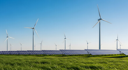 Wind turbines and solar panels in green field under blue sky, sustainability concept
