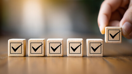 hand places a wooden block with a checkmark, completing a row of similar blocks. It symbolizes task completion, goal achievement, or project success. sense of accomplishment and progress