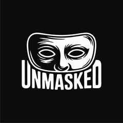 Graphic illustration of a white mask with the word "UNMASKED" in bold white letters underneath, set against a black background.