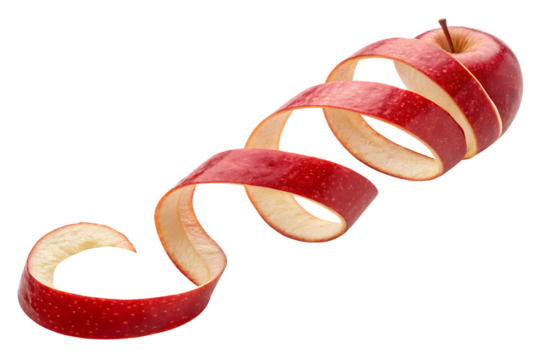 Red apple being peeled in continuous spiral motion, isolated on a transparent background