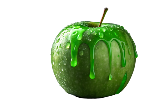 Green apple with bright green dripping slime coating and water droplets, isolated on a transparent background