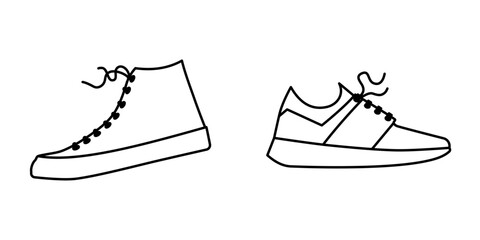 Set of Sneaker Outline Illustrations – Casual Shoes with Untied Laces. Collection of four black and white outline illustrations of sneakers and casual shoes, each featuring untied shoelaces.