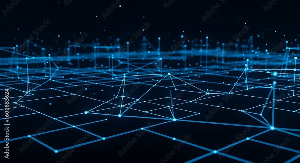 Poster abstract digital network with glowing blue lines and dots in a dark background