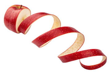 Red apple peel spiraling artistically in continuous curving ribbon showing natural fruit skin texture, isolated on a transparent background