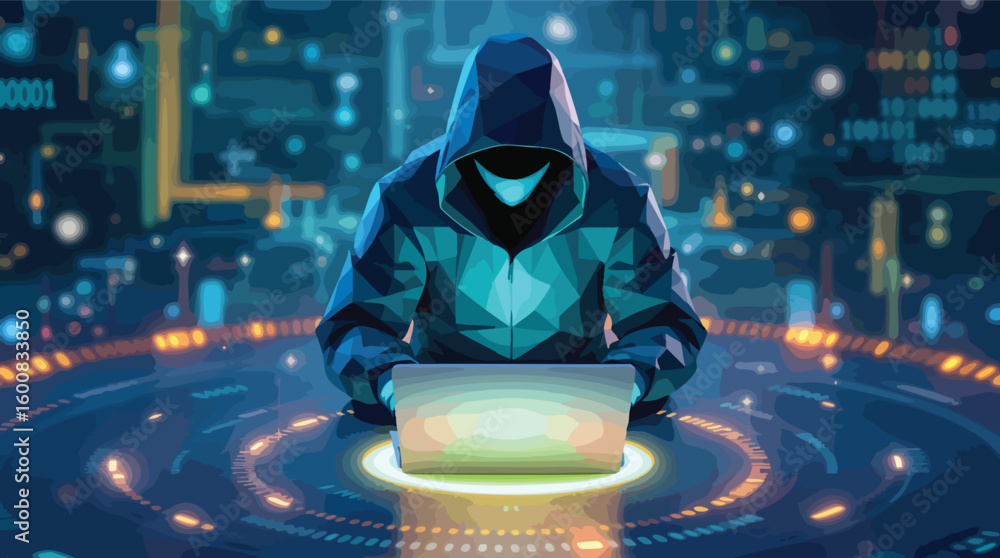 Poster anonymous hacker in a hoodie working on laptop with futuristic digital backdrop.