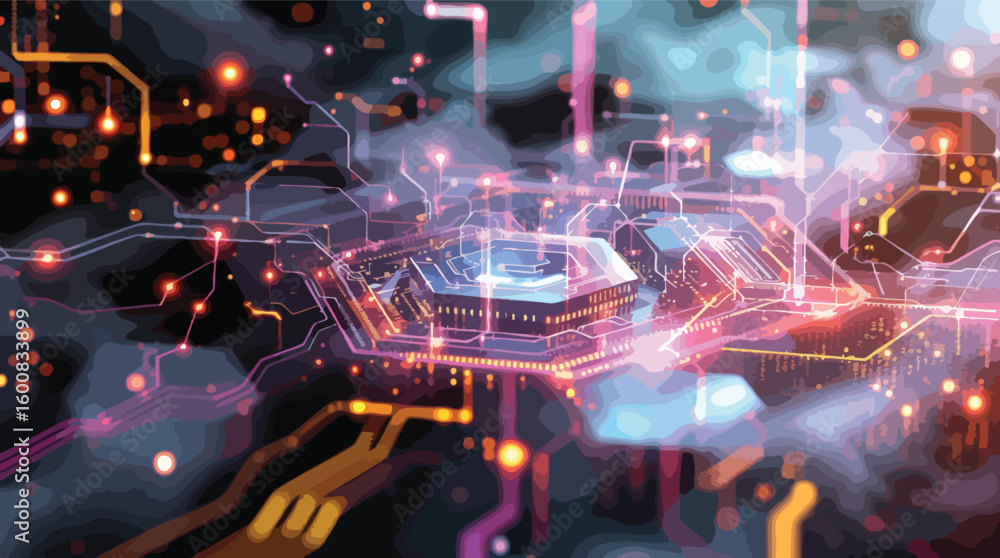 Poster abstract representation of a complex circuit board with interconnected pathways and lights.