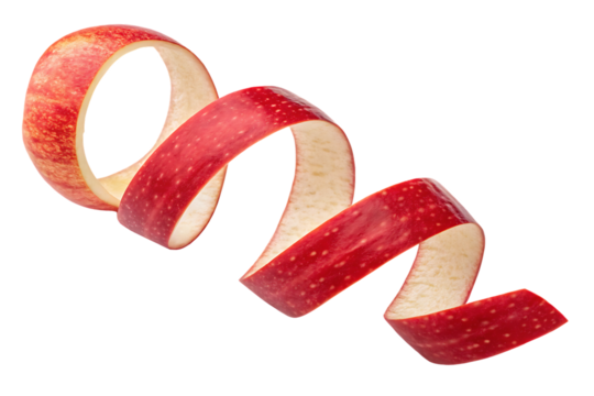 Spiraling red apple peel strips peeled in continuous ribbon floating in mid-air, isolated on a transparent background