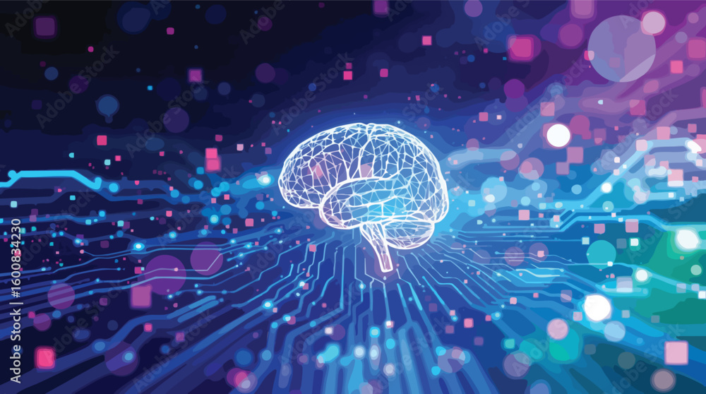 Poster brain concept representing artificial intelligence technology and complex data processing.