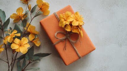 Beautiful photo of orange Gift Wrapped Present with Yellow Flowers and Leaves Flatlay.