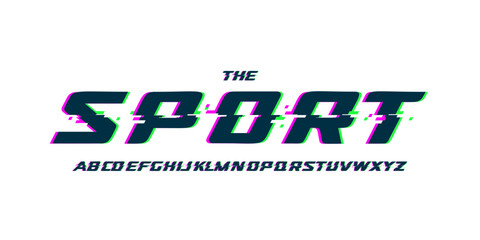 Glitch distorted font, bold sport alphabet, futuristic techno style typeface, speed action competition typeface for cyber sport logo, game title, streamer branding. Vector typeset © artyway