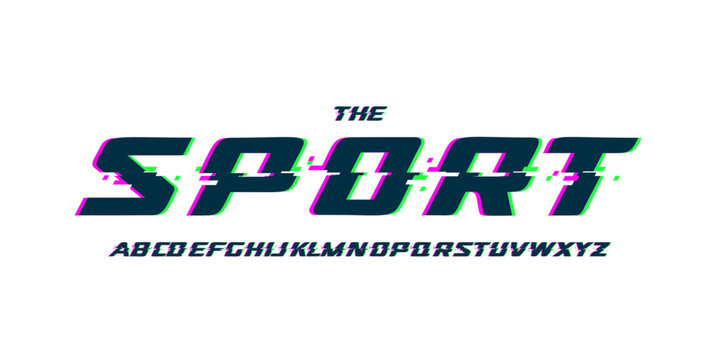 Glitch distorted font, bold sport alphabet, futuristic techno style typeface, speed action competition typeface for cyber sport logo, game title, streamer branding. Vector typeset