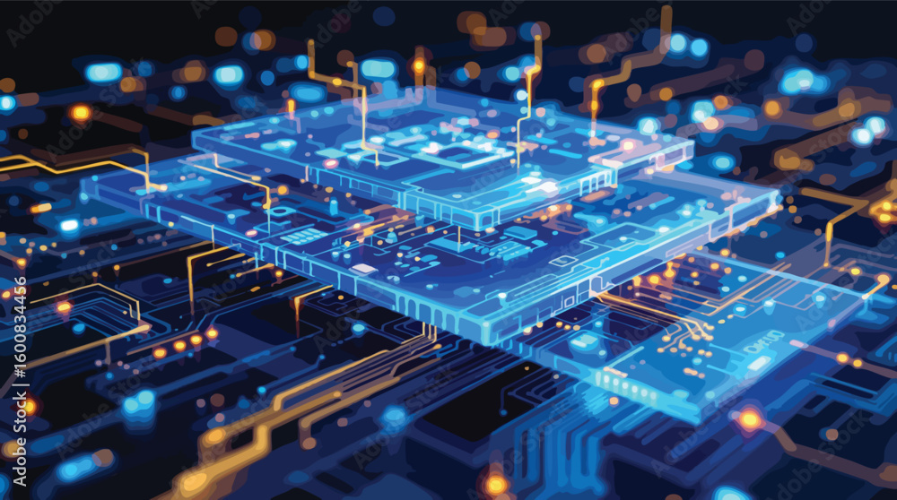 Poster digital circuit board illustration demonstrating technology and advanced computing processes.