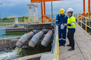 Environmental engineers work at wastewater treatment plants,Water supply engineering working at...