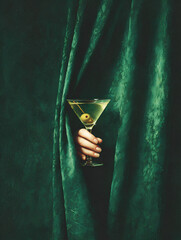 Hand with red nails holding martini glass against green velvet