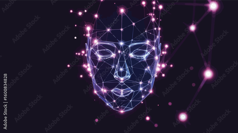 Aufkleber digital render of human face with network connections and glowing light particles.
