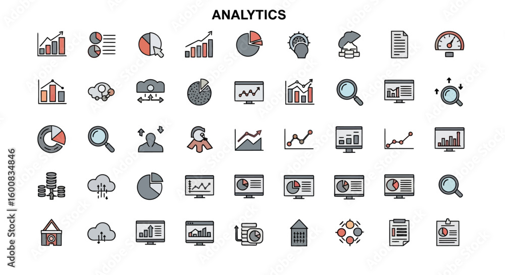 Poster a collection of colorful analytics icons depicting data, graphs, and business processes.
