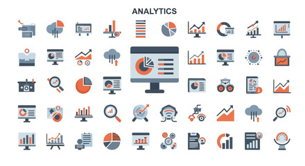 Collection of flat design icons representing various analytics and business data visualization tools.