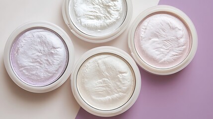 Four shimmering highlighter makeup powders in pastel shades for radiant skin tone, beauty product