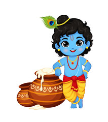 Cartoon Illustration of Little Krishna with Butter Pot, Illustration for Janmashtami Celebration Isolated on Transparent Background