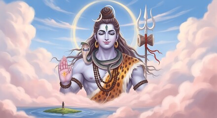 Digital illustration of lord shiva with a trident and snake in an ethereal sky