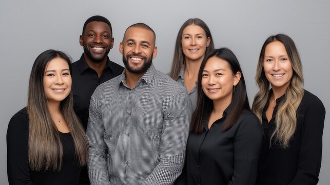 Diverse group of professionals posing together in studio setting.