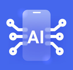 Smartphone with microcircuits glass morphism icon on blue. Phone with Ai technology vector symbol