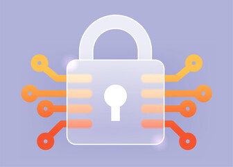 Glass morphism lock with microcircuits. Vector digital security sign
