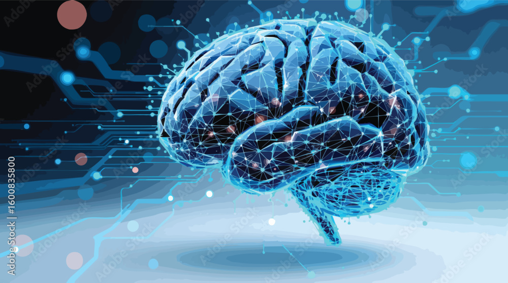 Poster futuristic conceptual illustration of a digital artificial intelligence brain with neural networks.